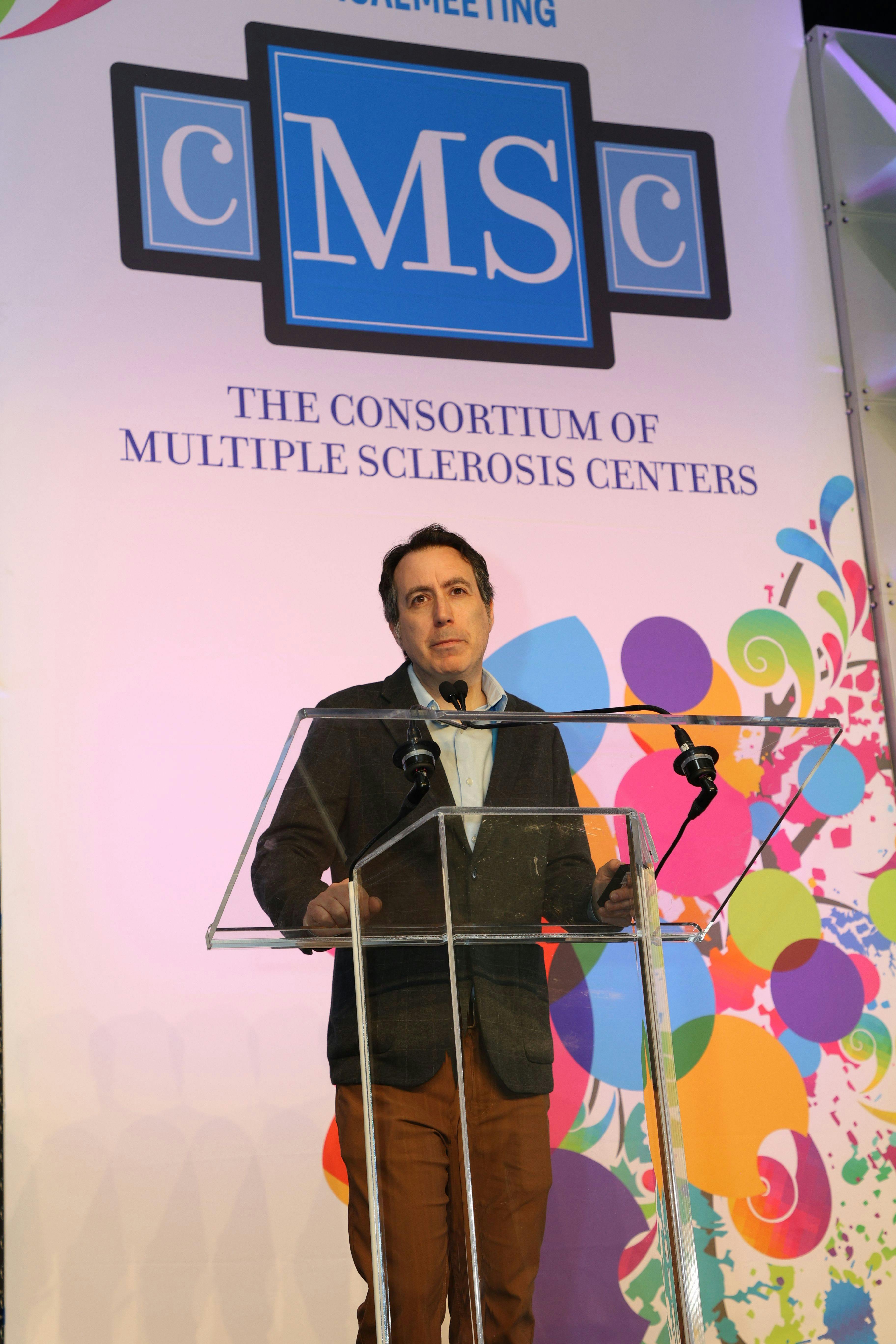 Andrew Solomon, MD, delivers the opening lecture at the 2023 Annual Meeting of the CMSC. 
Image courtesy: Shmulik Almany