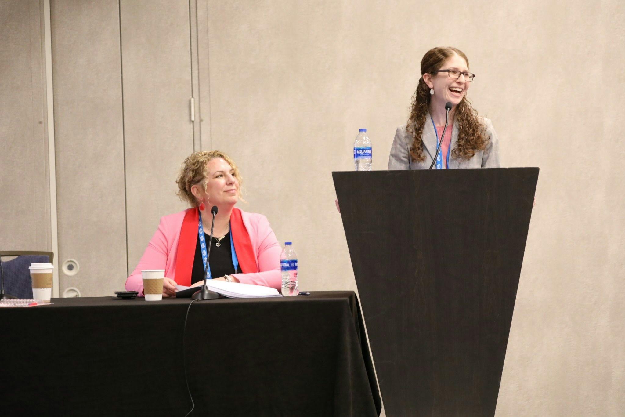 Amy Sullivan, PsyD (left), and Carrie M. Hersh, DO, MSc (right, at podium) address the room at CMSC about burnout.
Image courtesy: Shmulik Almany
